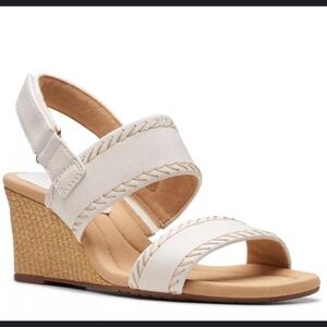 CLARKS | Women's White Leather Comfortable Espadrille Wedge Sandals, Size 7W